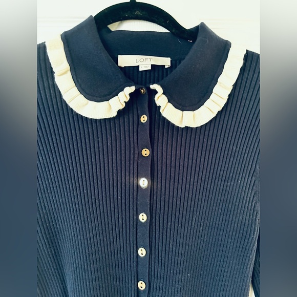 LOFT Elegant Navy 3/4 Button Down Sweater with White Accents Large - Picture 3 of 4
